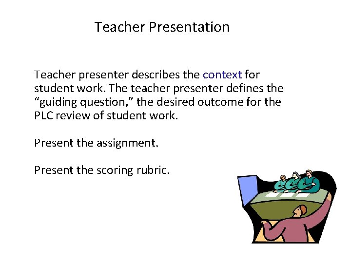 Teacher Presentation • Teacher presenter describes the context for student work. The teacher presenter