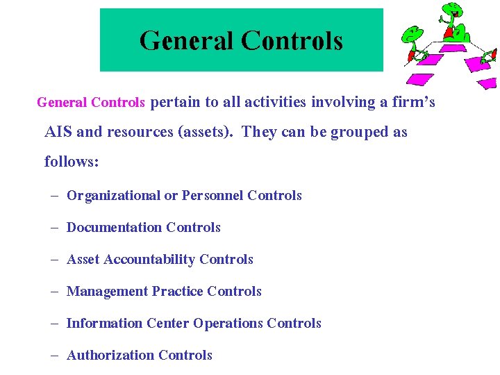 General Controls pertain to all activities involving a firm’s AIS and resources (assets). They General Controls pertain to all activities involving a firm’s AIS and resources (assets). They