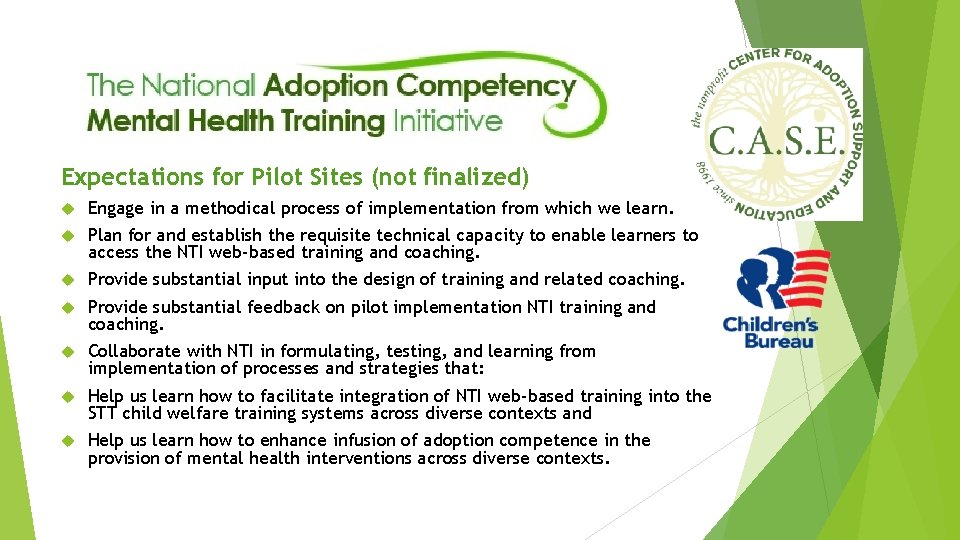 Expectations for Pilot Sites (not finalized) Engage in a methodical process of implementation from