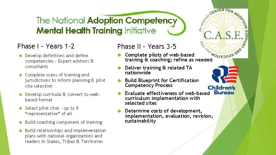 Phase I – Years 1 -2 Develop definitions and define competencies – Expert advisors
