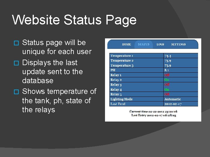 Website Status Page Status page will be unique for each user � Displays the