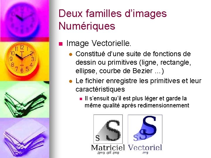 Deux familles d’images Numériques n Image Vectorielle. l l Constitué d’une suite de fonctions