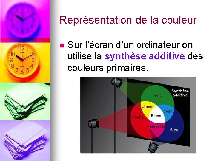 Représentation de la couleur n Sur l’écran d’un ordinateur on utilise la synthèse additive