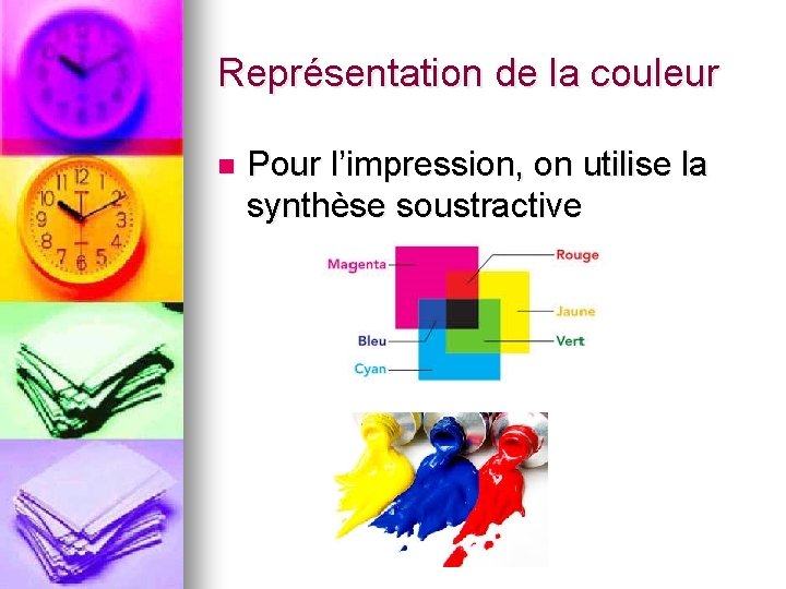 Représentation de la couleur n Pour l’impression, on utilise la synthèse soustractive Représentation de la couleur n Pour l’impression, on utilise la synthèse soustractive