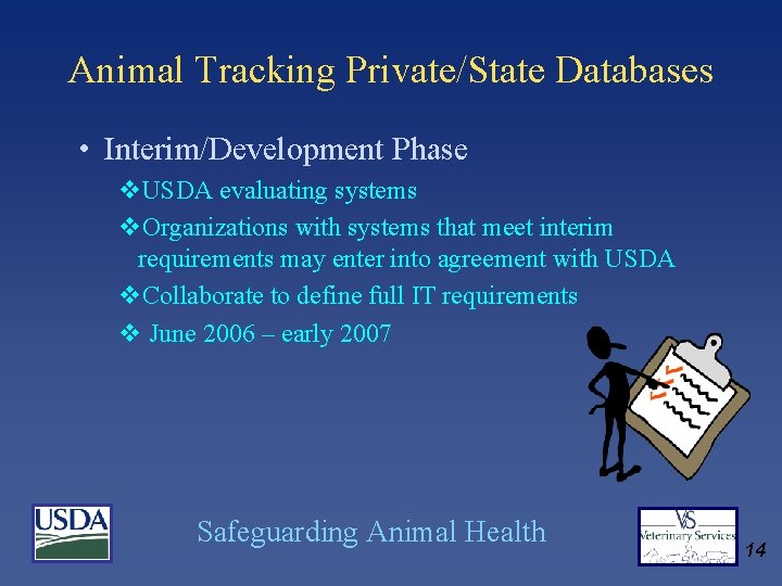 Animal Tracking Private/State Databases • Interim/Development Phase v. USDA evaluating systems v. Organizations with