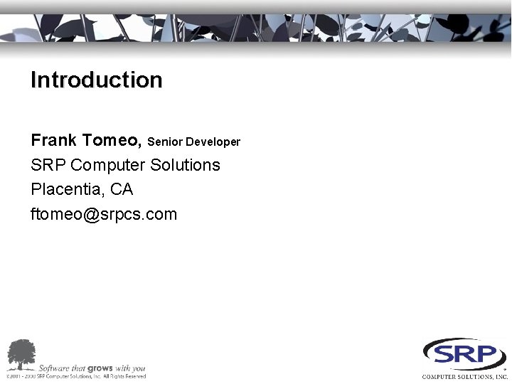 Introduction Frank Tomeo, Senior Developer SRP Computer Solutions Placentia, CA ftomeo@srpcs. com 