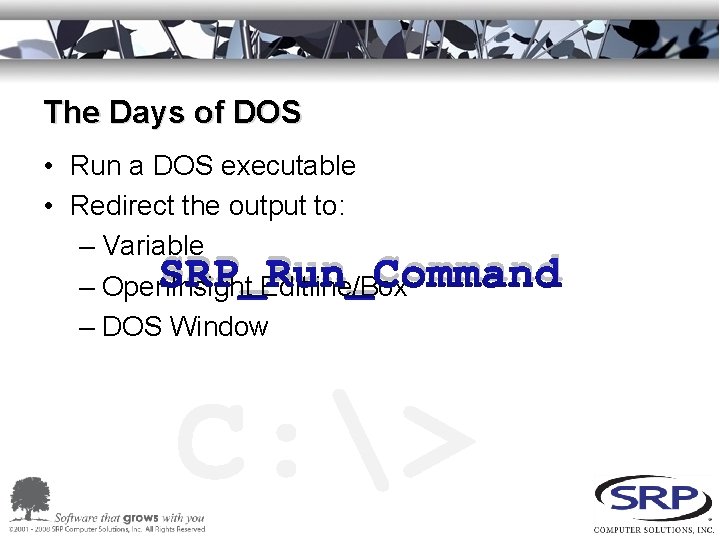 The Days of DOS • Run a DOS executable • Redirect the output to: