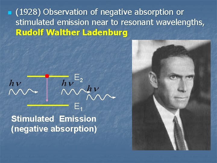 n (1928) Observation of negative absorption or stimulated emission near to resonant wavelengths, Rudolf