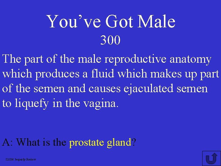 You’ve Got Male 300 The part of the male reproductive anatomy which produces a