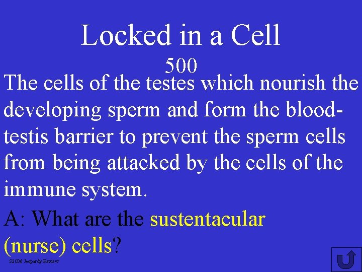 Locked in a Cell 500 The cells of the testes which nourish the developing