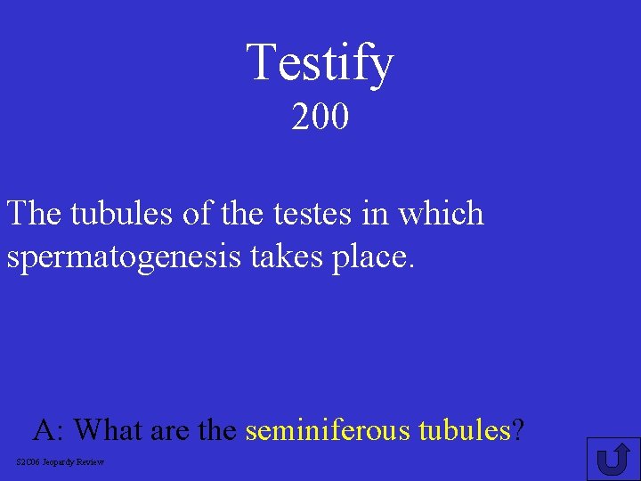 Testify 200 The tubules of the testes in which spermatogenesis takes place. A: What