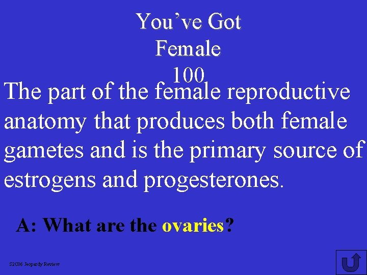 You’ve Got Female 100 The part of the female reproductive anatomy that produces both
