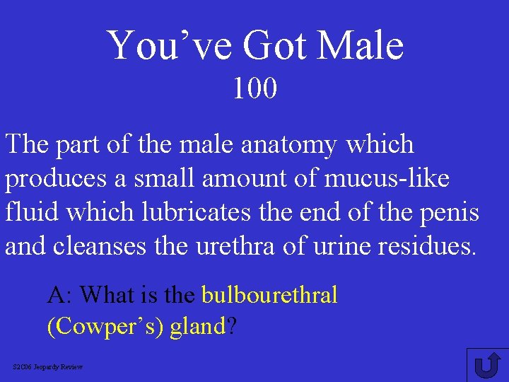 You’ve Got Male 100 The part of the male anatomy which produces a small