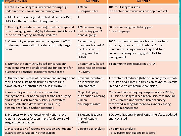 Project indicator Year 2015 Year 2017 1. Total area of seagrass (key areas for
