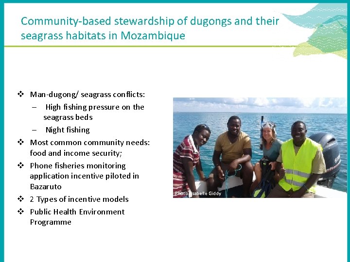 Community-based stewardship of dugongs and their seagrass habitats in Mozambique v Man-dugong/ seagrass conflicts: