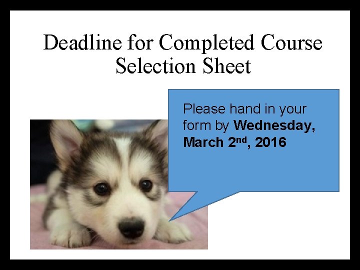 Deadline for Completed Course Selection Sheet Please hand in your form by Wednesday, March