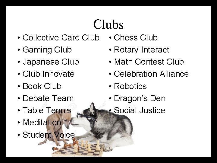 Clubs • Collective Card Club • Gaming Club • Japanese Club • Club Innovate