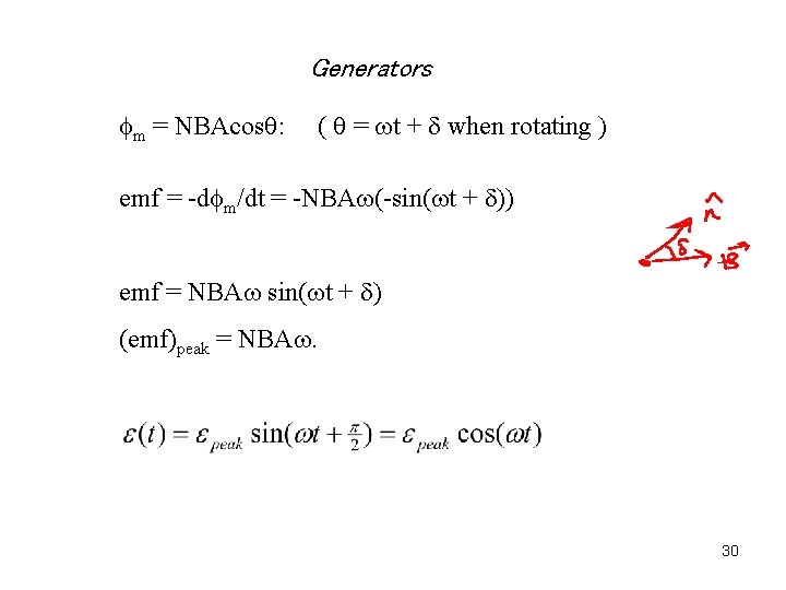 Generators fm = NBAcosq: ( q = wt + d when rotating ) emf