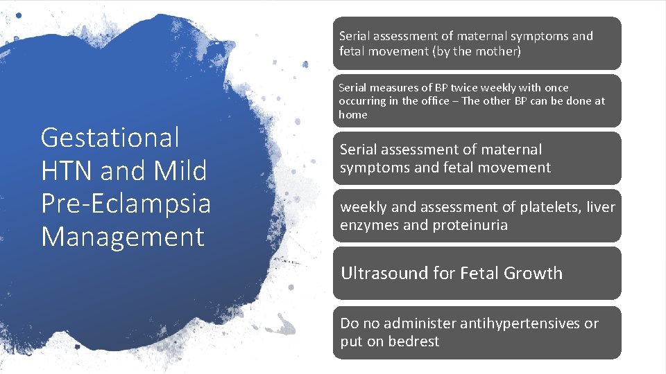 Serial assessment of maternal symptoms and fetal movement (by the mother) Gestational HTN and