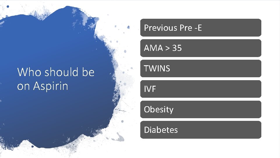 Previous Pre -E AMA > 35 Who should be on Aspirin TWINS IVF Obesity