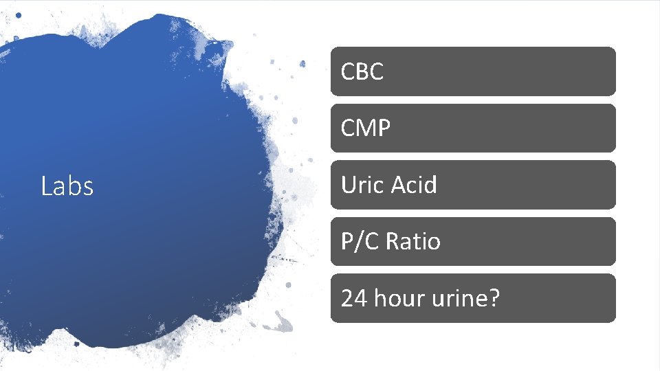 CBC CMP Labs Uric Acid P/C Ratio 24 hour urine? 