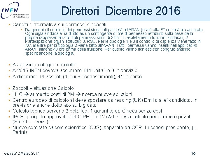 Direttori Dicembre 2016 • Carletti : informativa sui permessi sindacali • Da gennaio il