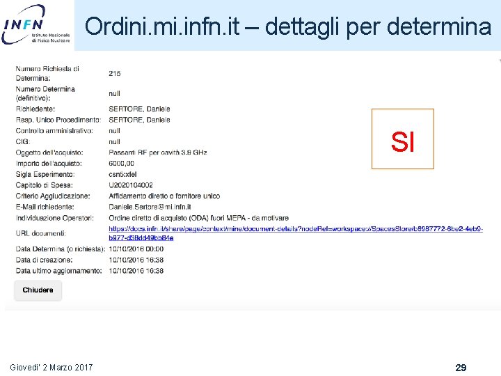 Ordini. mi. infn. it – dettagli per determina SI Giovedi' 2 Marzo 2017 29