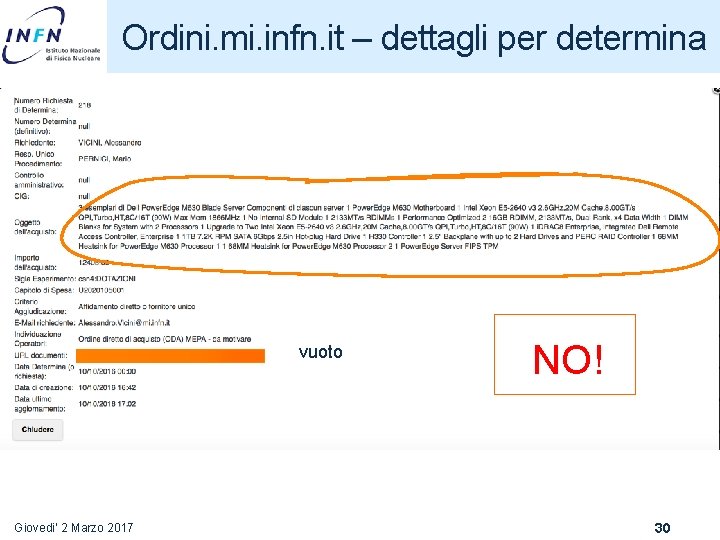 Ordini. mi. infn. it – dettagli per determina vuoto Giovedi' 2 Marzo 2017 NO!