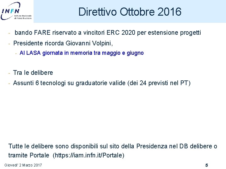 Direttivo Ottobre 2016 - bando FARE riservato a vincitori ERC 2020 per estensione progetti