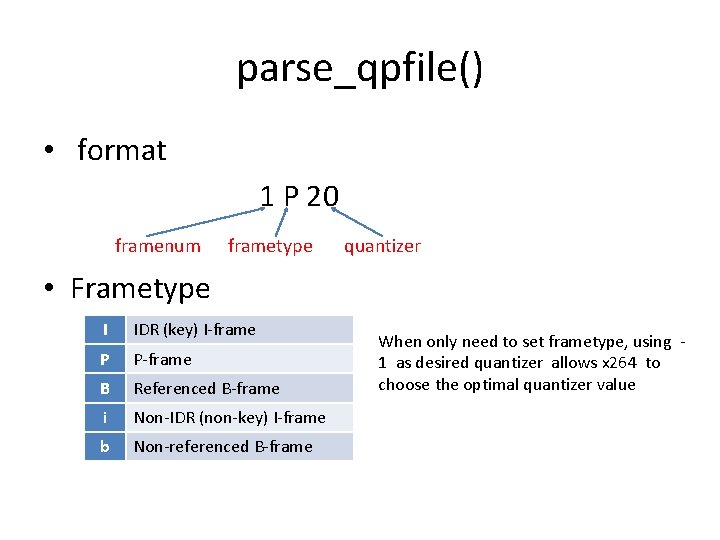 parse_qpfile() • format 1 P 20 framenum frametype quantizer • Frametype I IDR (key) parse_qpfile() • format 1 P 20 framenum frametype quantizer • Frametype I IDR (key)