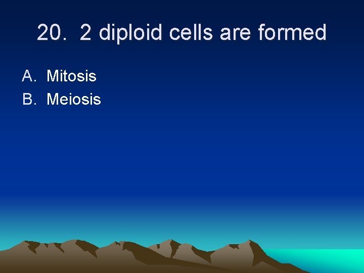 20. 2 diploid cells are formed A. Mitosis B. Meiosis 20. 2 diploid cells are formed A. Mitosis B. Meiosis