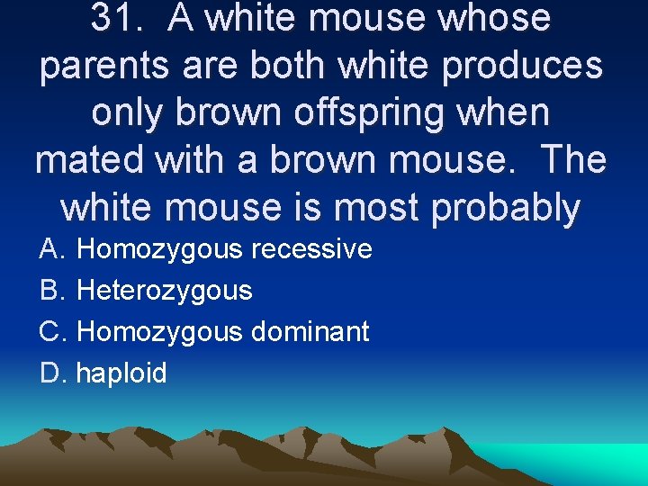 31. A white mouse whose parents are both white produces only brown offspring when 31. A white mouse whose parents are both white produces only brown offspring when