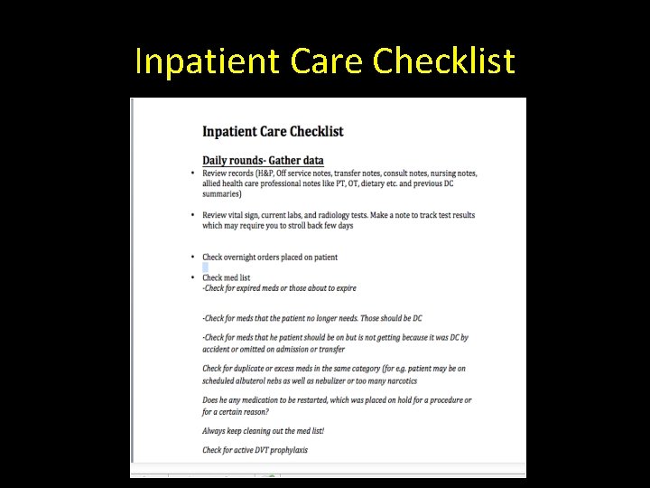 Inpatient Care Checklist 
