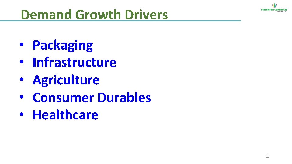 Demand Growth Drivers • • • Packaging Infrastructure Agriculture Consumer Durables Healthcare 12 