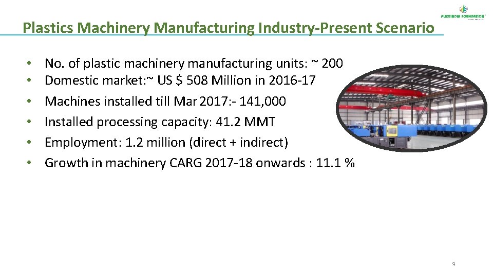 Plastics Machinery Manufacturing Industry-Present Scenario • • • No. of plastic machinery manufacturing units: