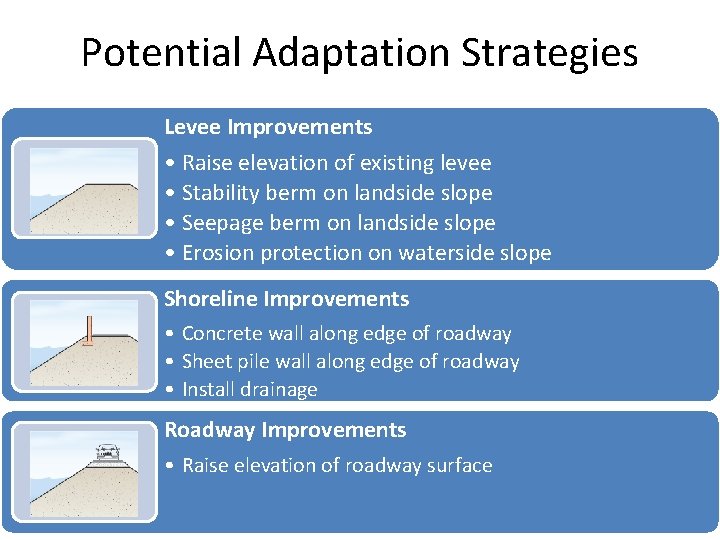 Potential Adaptation Strategies Levee Improvements • Raise elevation of existing levee • Stability berm