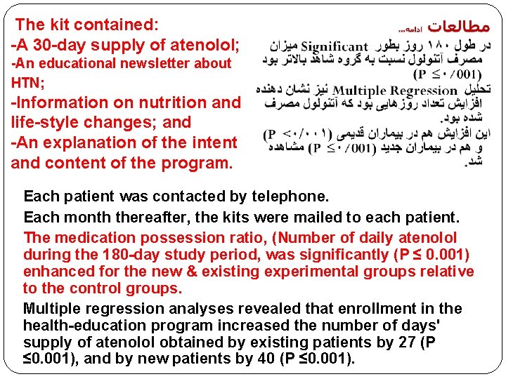 The kit contained: -A 30 -day supply of atenolol; -An educational newsletter about HTN;