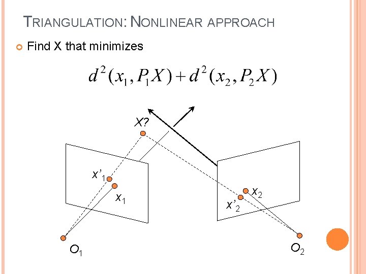 TRIANGULATION: NONLINEAR APPROACH Find X that minimizes X? x’ 1 x 1 O 1