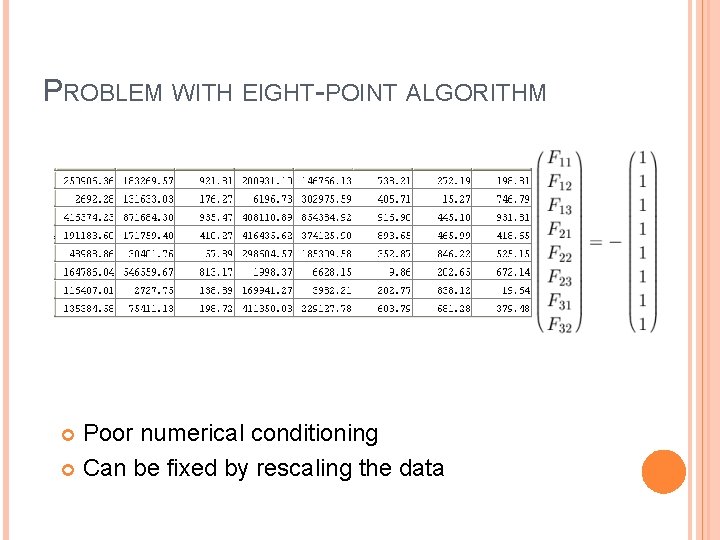 PROBLEM WITH EIGHT-POINT ALGORITHM Poor numerical conditioning Can be fixed by rescaling the data