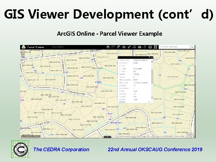 GIS Viewer Development (cont’d) Arc. GIS Online - Parcel Viewer Example The CEDRA Corporation