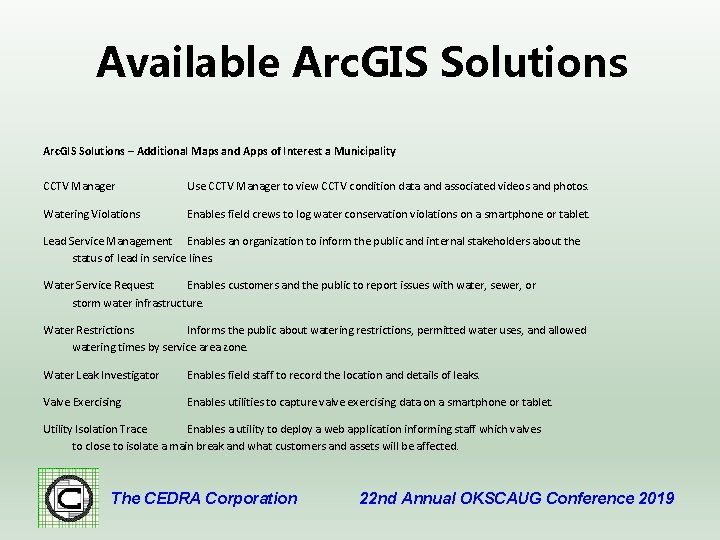 Available Arc. GIS Solutions – Additional Maps and Apps of Interest a Municipality CCTV