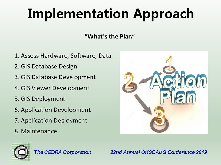 Implementation Approach “What’s the Plan” 1. Assess Hardware, Software, Data 2. GIS Database Design