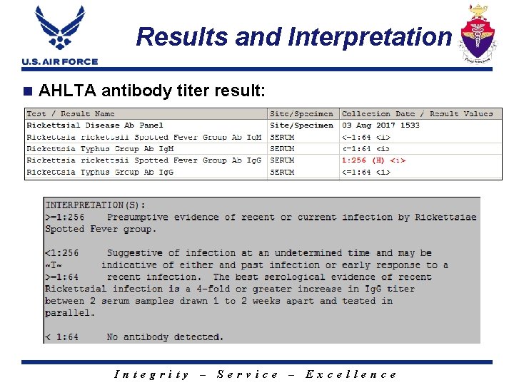 Results and Interpretation n AHLTA antibody titer result: Integrity – Service – Excellence 