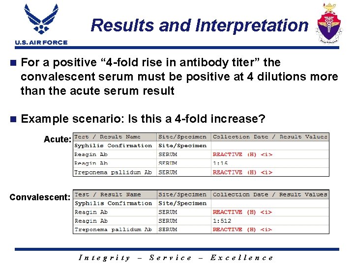 Results and Interpretation n For a positive “ 4 -fold rise in antibody titer”