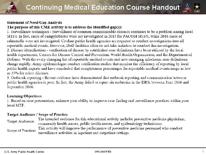 Continuing Medical Education Course Handout U. S. Army Public Health Center UNCLASSIFIED 2 