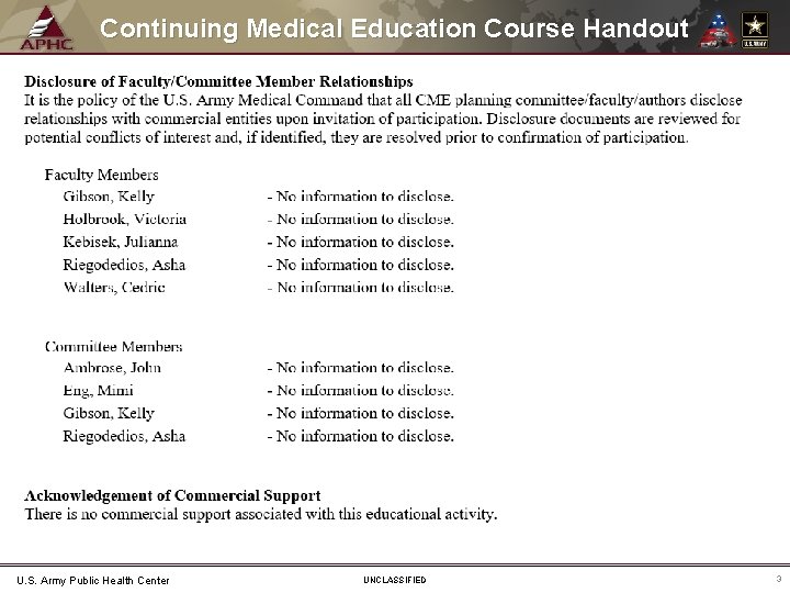 Continuing Medical Education Course Handout U. S. Army Public Health Center UNCLASSIFIED 3 