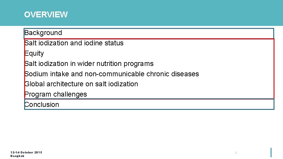 OVERVIEW Background Salt iodization and iodine status Equity Salt iodization in wider nutrition programs OVERVIEW Background Salt iodization and iodine status Equity Salt iodization in wider nutrition programs