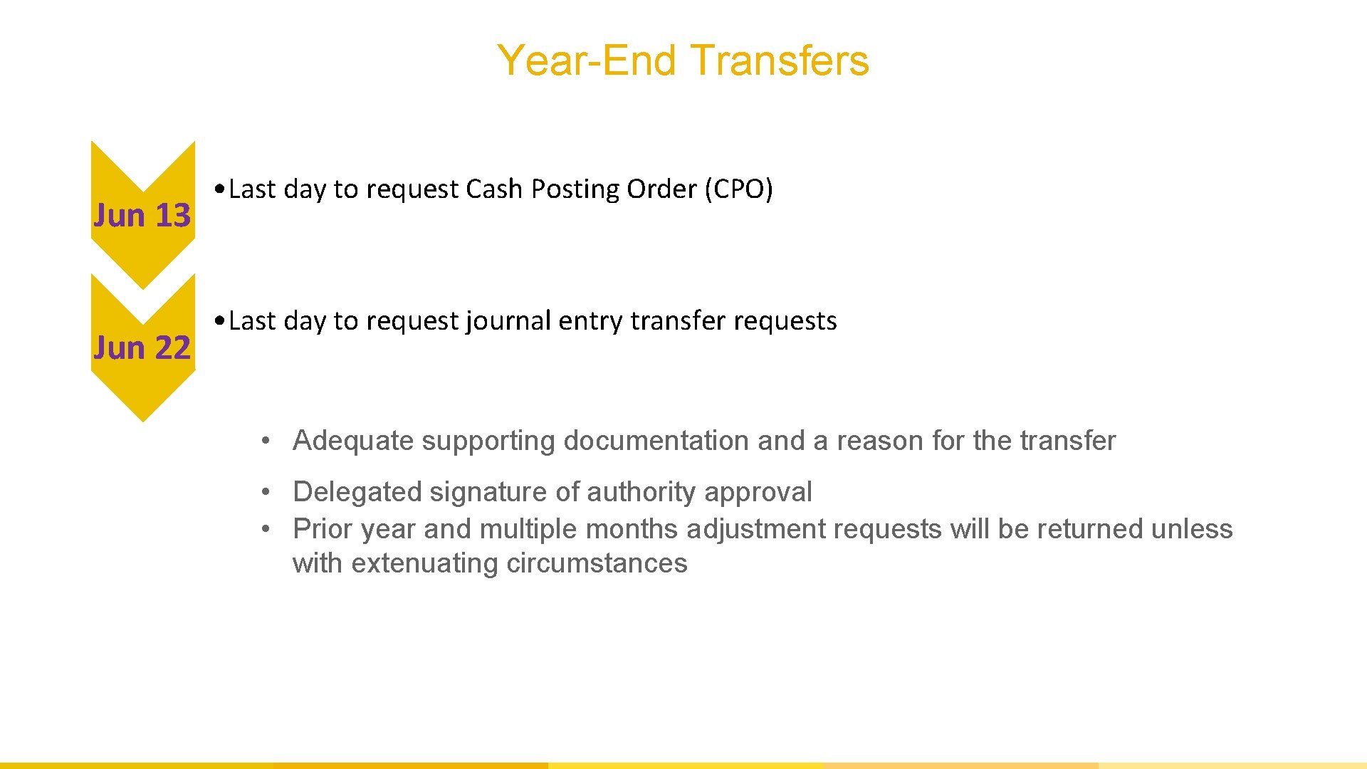 Year-End Transfers Jun 13 Jun 22 • Last day to request Cash Posting Order