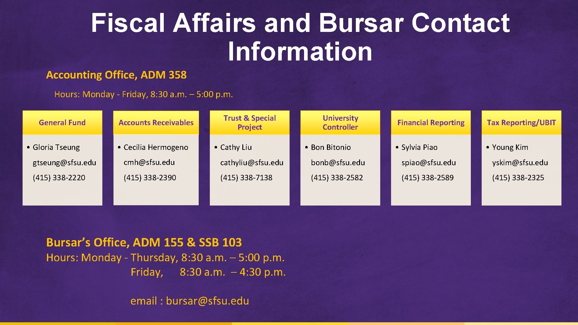 Fiscal Affairs and Bursar Contact Information Accounting Office, ADM 358 Hours: Monday - Friday,