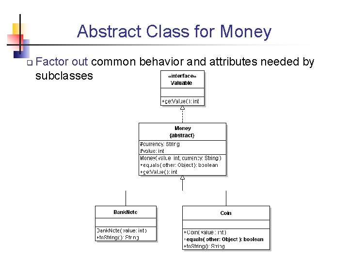 Abstract Class for Money q Factor out common behavior and attributes needed by subclasses